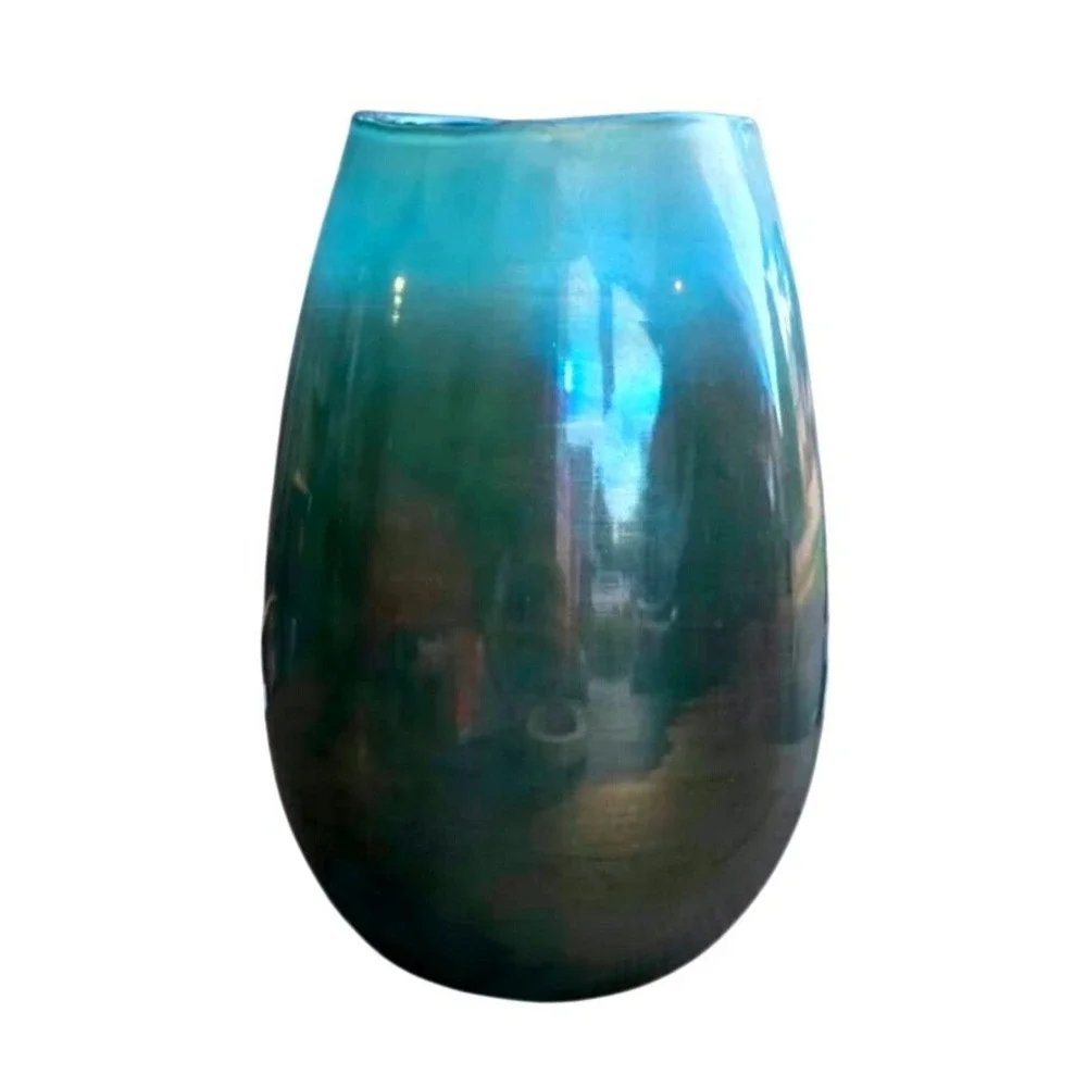 West Elm Iridescent Luster Curve Glass Vase Teal Blue Metallic Decorative Vessel